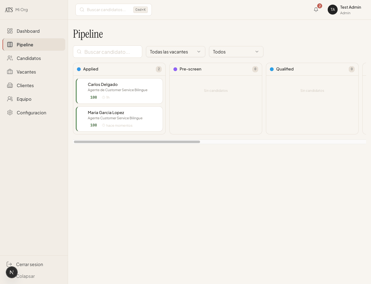 Pipeline Kanban de Hirezia — vista de candidatos por etapa